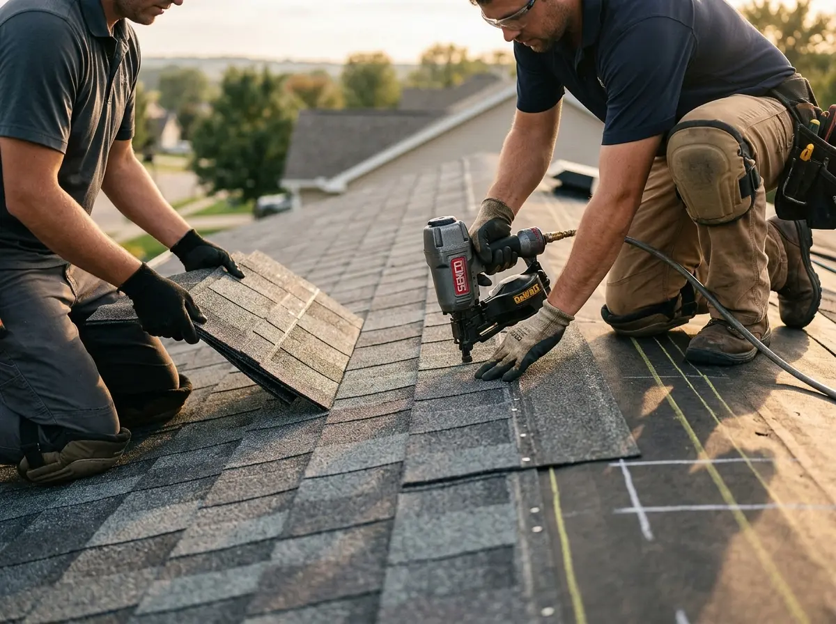 Professional roofer working on a residential roof in Yucca Valley